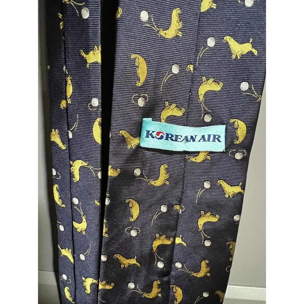 Korean Air 100% Silk Novelty Seal Print Tie Blue